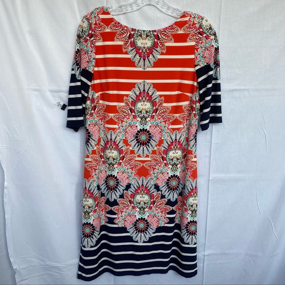 Eliza J. Navy/Orange Abstract Floral & Stripes Midi Shift - 8 - Picture 6 of 8